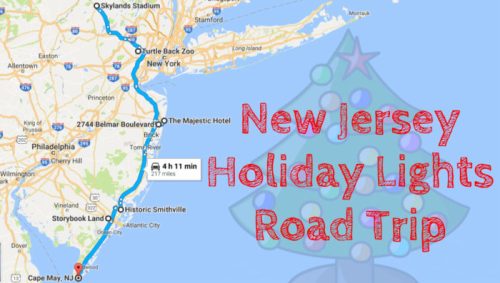 Map showing a route for a New Jersey holiday lights road trip, with a festive tree graphic and travel time of 4 hours 11 minutes.