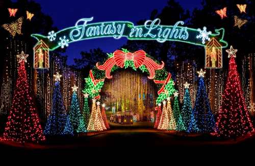 Colorful holiday lights form an archway with "Fantasy in Lights," surrounded by decorated Christmas trees.