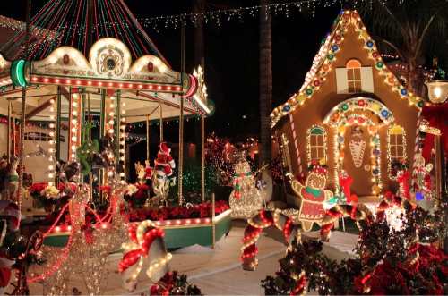 A festive scene featuring a carousel, a gingerbread house, and colorful holiday lights and decorations.