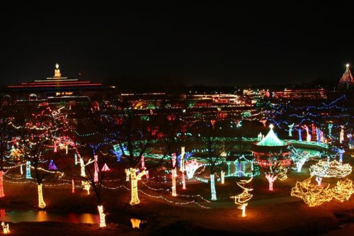 A vibrant display of colorful holiday lights illuminating trees and decorations in a park at night.