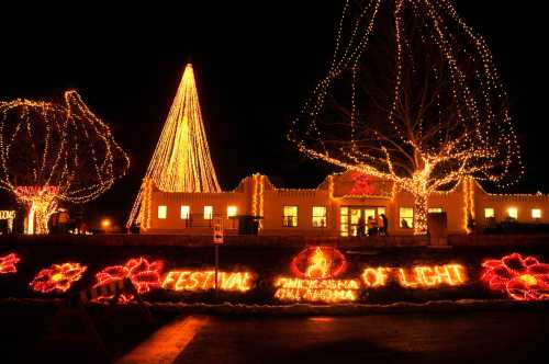 A festive display of lights at night, featuring a large illuminated tree and "Festival of Light" sign.