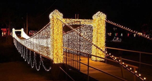 A beautifully lit suspension bridge adorned with sparkling white lights at night.