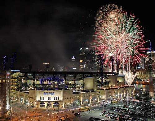 Fireworks illuminate the night sky above a stadium, with a city skyline and bustling parking lot below.