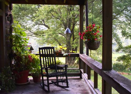 A cozy porch with a rocking chair, potted plants, and hanging flowers, surrounded by lush greenery.