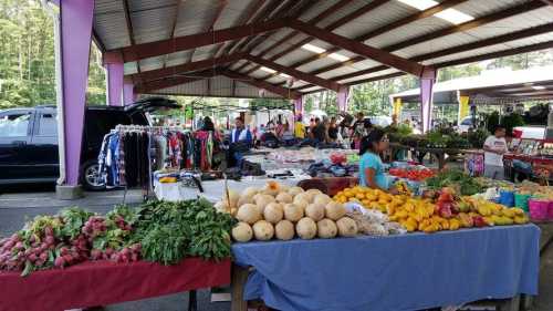 A vibrant market scene with tables of fresh produce, clothing stalls, and shoppers under a large roofed area.