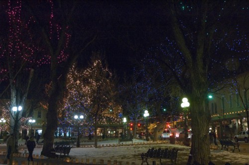 A nighttime scene of a park adorned with colorful holiday lights on trees, with benches and a few people visible.