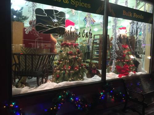 A festive shop window displays holiday decorations, including a cart, trees, and teddy bears, with lights and snow.