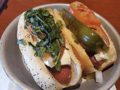 Two hot dogs in buns: one topped with herbs and sauce, the other with jalapeños, tomatoes, and onions.