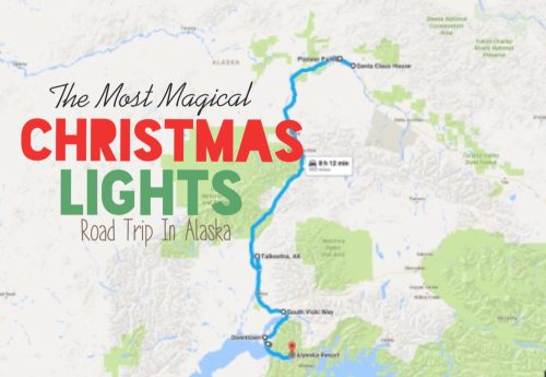 Map highlighting a road trip route in Alaska featuring the most magical Christmas lights.