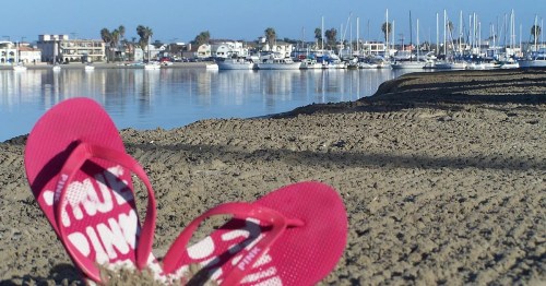 A pair of pink flip-flops on sandy shore, with a marina and boats in the background under a clear blue sky.