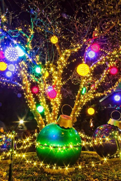 A brightly lit tree adorned with colorful ornaments and sparkling lights, creating a festive nighttime scene.
