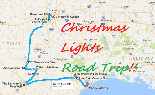 Map showing a Christmas lights road trip route in Texas, highlighting key locations and total travel time.