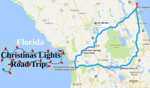 Map of a Florida road trip route for viewing Christmas lights, highlighting key stops and travel time.