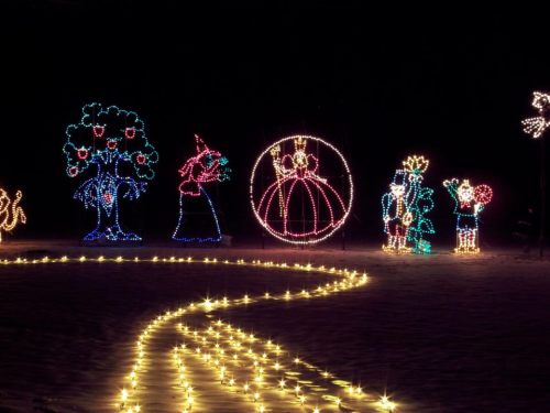 Colorful holiday lights depicting whimsical characters and scenes, with a winding path of glowing lights in a dark setting.