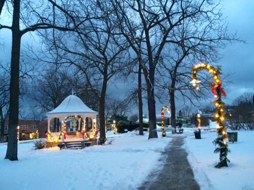 A snowy park scene featuring a decorated gazebo and festive lighted trees under a cloudy sky.