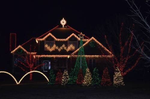A house decorated with colorful Christmas lights, featuring a star, tree, and illuminated shrubs in a dark night setting.