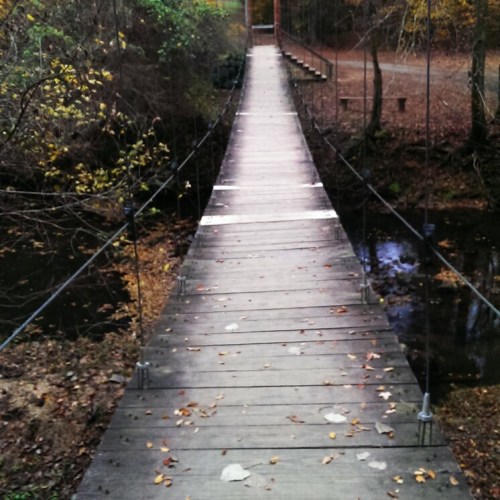 A wooden suspension bridge over a calm stream, surrounded by trees with autumn leaves.