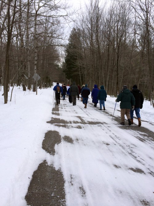 A group of people walking on a snowy path through a forest, wearing winter clothing and using walking sticks.