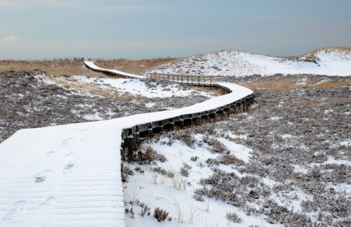 A winding wooden boardwalk covered in snow, surrounded by barren, snowy landscape and gentle hills.