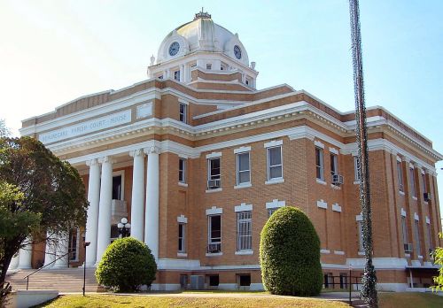 Historic brick courthouse with a dome, columns, and landscaped greenery in front. Clear blue sky above.