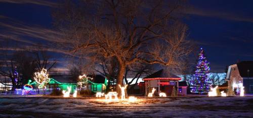 A festive scene featuring a decorated tree, illuminated houses, and glowing reindeer in a snowy landscape at night.