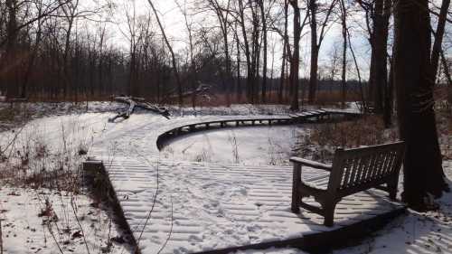 A snow-covered path curves through a forest, with a wooden bench beside it and bare trees in the background.