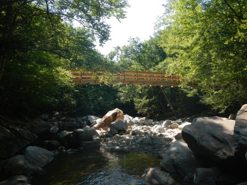 A wooden bridge spans a rocky riverbed, surrounded by lush green trees under a bright blue sky.