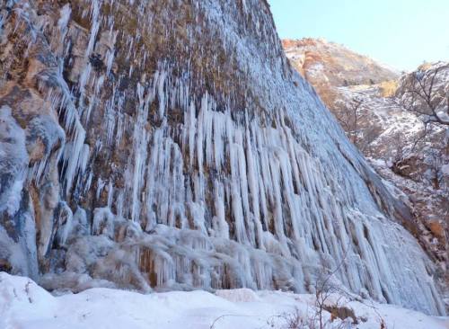 Icicles hang from a rocky cliff, with a snowy ground and clear blue sky in the background.