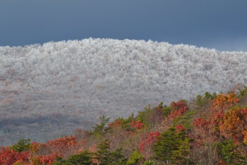 Frost-covered mountain peak with colorful autumn foliage in the foreground against a dark, cloudy sky.