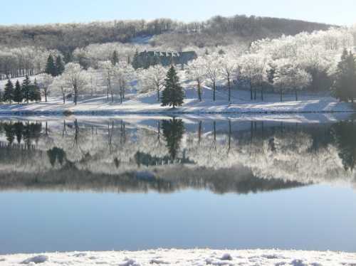 A serene winter landscape with snow-covered trees and a calm lake reflecting the snowy scenery.