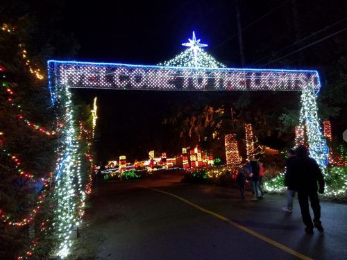 A festive entrance archway adorned with colorful lights, welcoming visitors to a holiday light display at night.