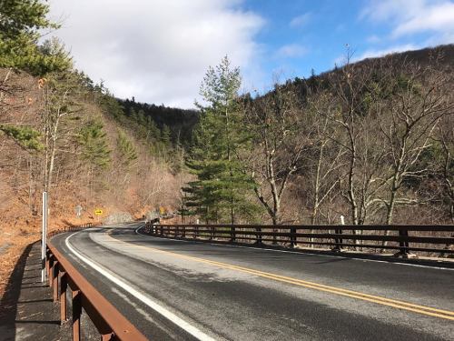 Winding road through a forested area with mountains in the background and a clear blue sky.