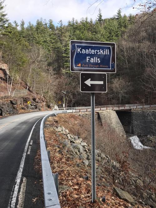 Sign for Kaaterskill Falls with an arrow pointing left, alongside a winding road and surrounded by trees.