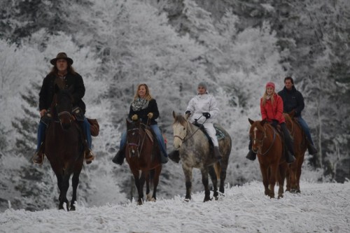 Five people on horseback ride through a snowy landscape with frosted trees in the background.