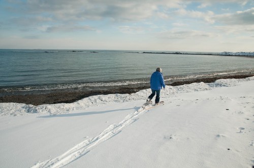 A person in a blue jacket snowshoes along a snowy beach by the calm sea under a cloudy sky.
