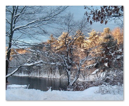 A serene winter scene with snow-covered trees and a calm river reflecting the soft light of the setting sun.