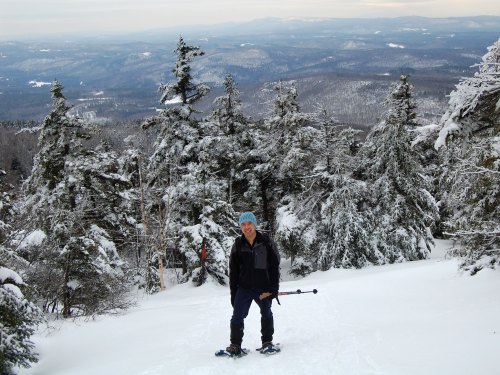 A person stands on a snowy slope, surrounded by evergreen trees and a panoramic view of distant mountains.