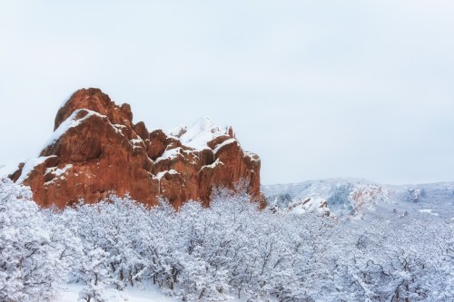 Snow-covered red rock formations rise above a landscape of frosted trees under a pale winter sky.