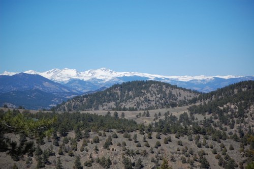 A panoramic view of snow-capped mountains in the distance, surrounded by rolling hills and evergreen trees under a clear blue sky.