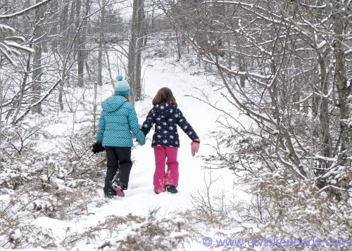 Two children walk hand in hand down a snowy path surrounded by trees.