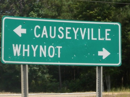 Green road sign indicating directions to Causeyville and Whynot, with arrows pointing left and right, respectively.