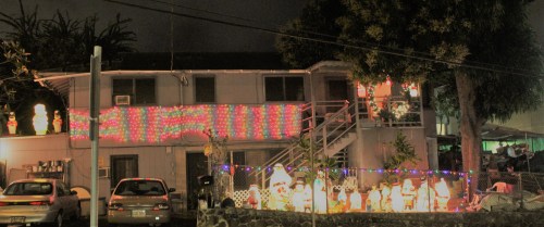 A house decorated with colorful holiday lights and festive figures, set against a night sky.