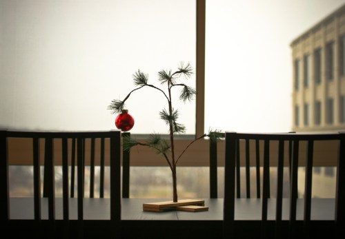 A minimalist Christmas tree with a red ornament sits on a table, framed by a large window and empty chairs.