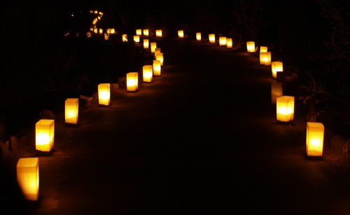 A winding path illuminated by glowing lanterns in a dark setting, creating a warm and inviting atmosphere.