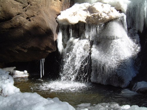 A frozen waterfall cascading over rocks, surrounded by ice and snow, with water splashing into a pool below.