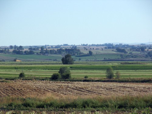 A scenic view of rolling green fields and distant hills under a clear blue sky.