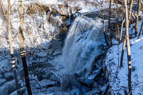 A frozen waterfall surrounded by snow-covered trees and icy rocks, capturing a serene winter landscape.