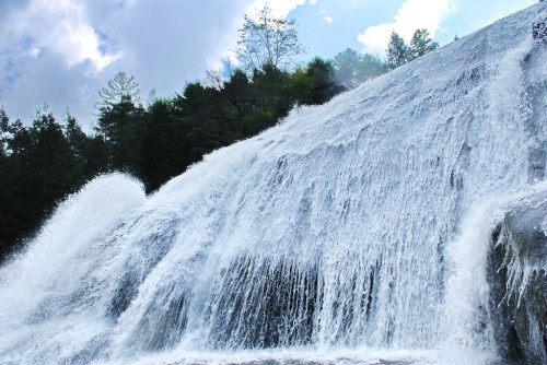 A cascading waterfall flows over a rocky surface, surrounded by lush green trees and a cloudy sky.