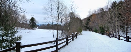 A snowy path lined with a wooden fence, surrounded by bare trees and a frozen lake under a cloudy sky.