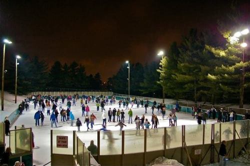 A bustling outdoor ice skating rink at night, filled with skaters and surrounded by trees and lights.
